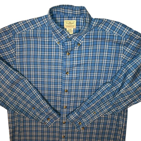 BLUE WHITE PLAID BUTTON SHIRT SZ M REGULAR L.L. BEAN TRADITIONAL FIT COTTON MENS - Picture 2 of 4